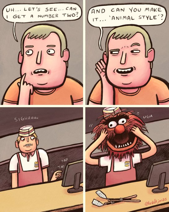 A four-panel comic by @bralijonas depicting a customer ordering a 'Number Two Animal Style' at In-N-Out, culminating in a horrifying furry Muppet transformation of the cashier.