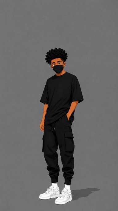 A stylized digital illustration shows a young man with an afro, wearing a black face mask, an oversized black t-shirt, black cargo pants, and white sneakers.