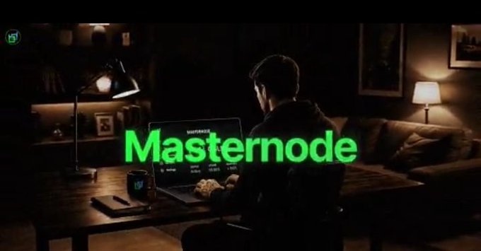 A man sits at a desk in a dimly lit room working on a laptop, with the green text 'Masternode' overlaid across the center of the image.