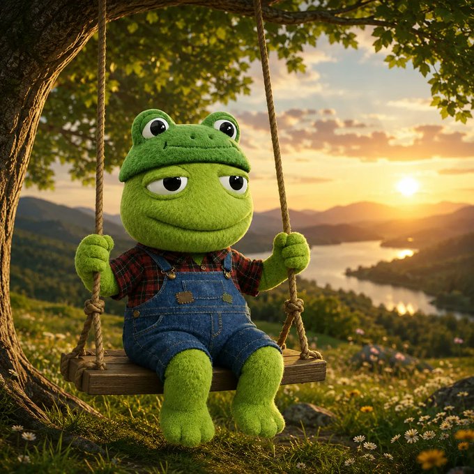 A plush green frog wearing a frog hat, plaid shirt, and denim overalls sits peacefully on a wooden swing hanging from a tree, gazing out over a serene lake and rolling hills at sunset. The cozy, nature-filled scene perfectly captures the laid-back, joyful vibe of $TOAD just relaxing and enjoying the view.