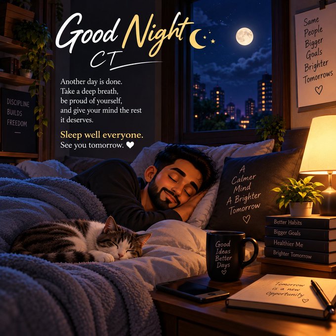A cozy bedroom scene at night with a sleeping man and a cat, featuring 'Good Night CT' text, motivational phrases like 'Discipline Builds Freedom' and 'Sleep well everyone', and a night sky with a full moon visible through the window.