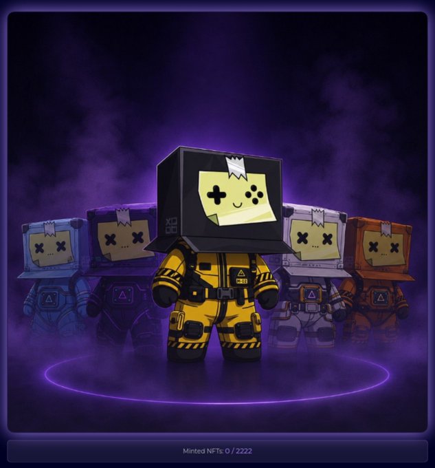 A digital NFT artwork titled 'Minted NFTs: 0 / 2222' showing a central yellow character with a TV-shaped head surrounded by four similar defeated characters in purple fog.