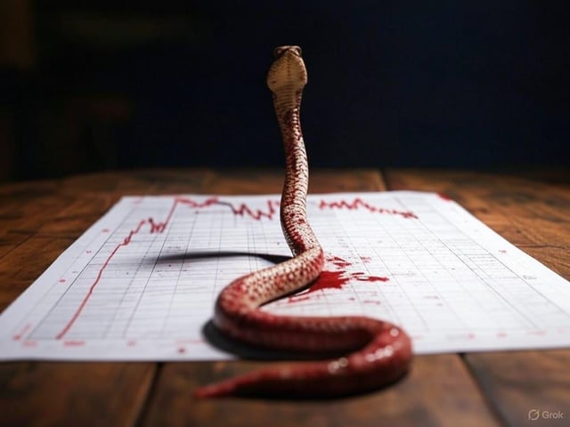A venomous cobra rises menacingly over a stock chart marked with a dramatic downward trend and red blood splatters, symbolizing the toxic crash of Cardano (ADA) to $0.1454. The serpent's lethal posture mirrors the devastating blow to investors who once believed ADA was the "future of crypto."