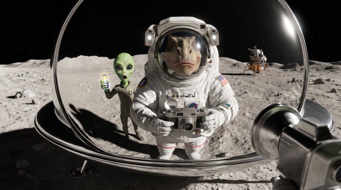 A surreal image of an astronaut with a dinosaur head taking a selfie in an astronaut helmet mirror on the moon, with a small green alien holding up a phone in the background.