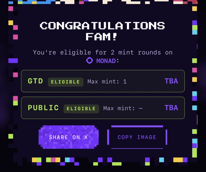A celebratory pixel-art notification screen declares "CONGRATULATIONS FAM!" announcing eligibility for 2 mint rounds on MONAD, showing both a GTD slot (max mint: 1) and a PUBLIC slot marked "TBA," with options to "SHARE ON X" or "COPY IMAGE," visually confirming the poster's success in securing a ChogNFT whitelist allocation through the MookieNFT community.