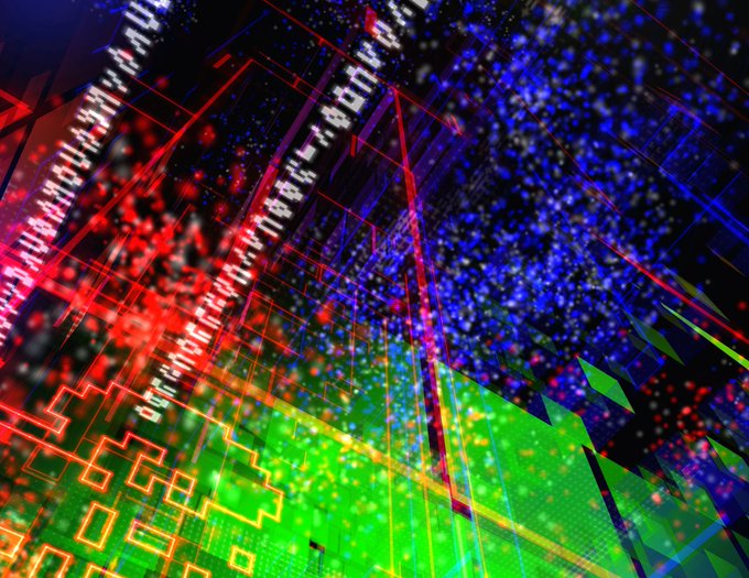 Abstract digital art depicting a perspective view through a wireframe tunnel with red, blue, and green glowing lights resembling a stylized cityscape or data stream.