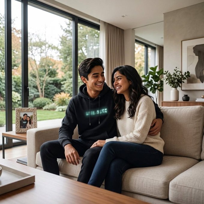 A smiling young couple sits closely together on a beige couch in a bright, modern living room, sharing a warm laugh. The cozy, cheerful scene complements the upbeat "Gm Everyone, Happy Friday" post, radiating a relaxed and joyful weekend vibe.