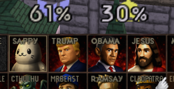 A character roster displays voting percentages of 61% and 30% above iconic figures including Sappy, Trump, Obama, Jesus, Cthulhu, MrBeast, Ramsay, and Cleopatra, showcasing an eclectic lineup of politicians, religious figures, internet personalities, and mythical beings.