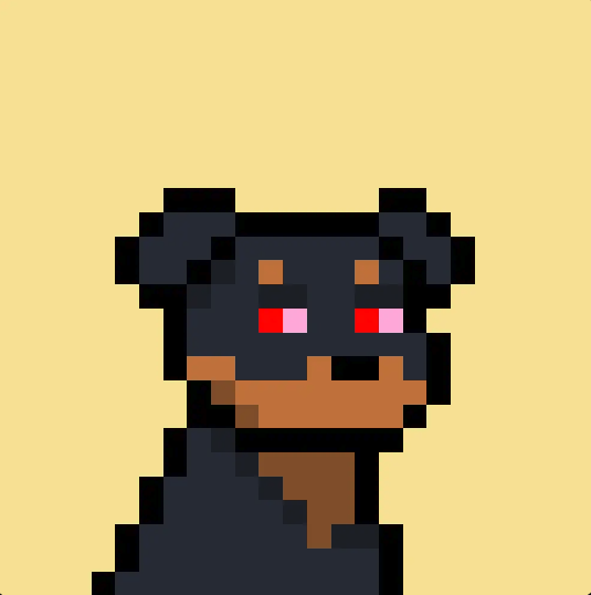 A pixel art rendering of a dark bear character with red eyes holding something brown against a tan background.