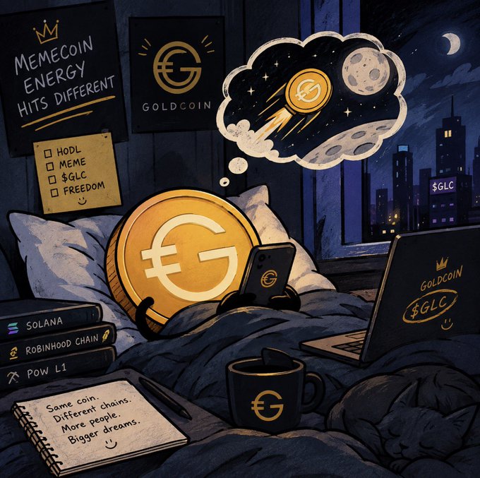 An illustrated promotional image for 'GOLDCOIN' ($GLC) featuring a large gold coin character on a bed with a phone, coffee mug, and laptop displaying 'GOLDCOIN $GLC'. Posters read 'MEMECOIN ENERGY HITS DIFFERENT' and a checklist includes 'HODL', 'MEME', '$GLC', 'FREEDOM'. A notebook reads 'Same coin. Different chains. More people. Bigger dreams.'