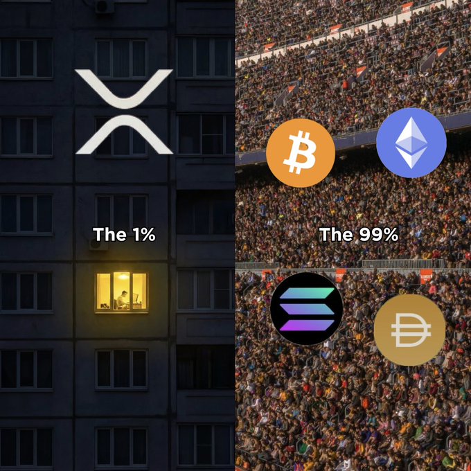 A split image shows the XRP logo in a lit apartment window labeled "The 1%" on a dark building, contrasted with a massive stadium crowd on the right labeled "The 99%" featuring Bitcoin, Ethereum, Solana, and DAI logos—suggesting the poster identifies as part of the elite 1% who hold XRP rather than more popular cryptocurrencies.