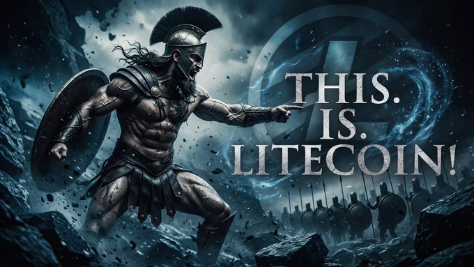 The image features a muscular man wearing a helmet, holding a shield, and standing amidst a group of people dressed in armor. The caption reads "This. Is. Litecoin!" above him.