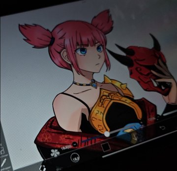 The image features a cartoon girl with pink hair wearing a black dress and holding a red mask over her head. The background shows a computer screen displaying an art project, suggesting that this might be a digital illustration or artwork created by someone named Shaolin.