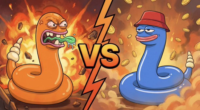 A cartoon illustration depicting an orange worm and a blue worm wearing a red bucket hat facing off with "VS" between them against fiery and explosive backgrounds with gold coins.