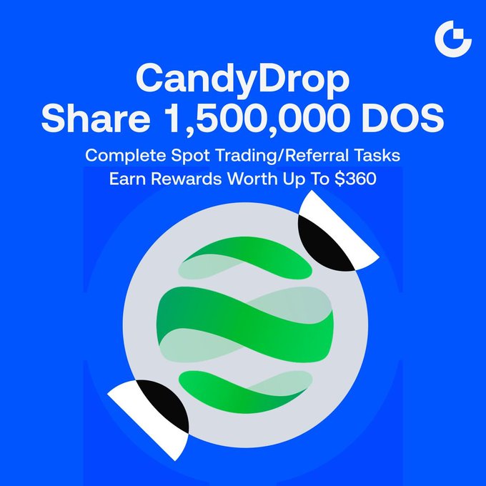 A promotional graphic on a blue background advertising 'CandyDrop Share 1,500,000 DOS' to 'Complete Spot Trading/Referral Tasks' and 'Earn Rewards Worth Up To $360', featuring a green wrapped candy logo and the letter 'C'.