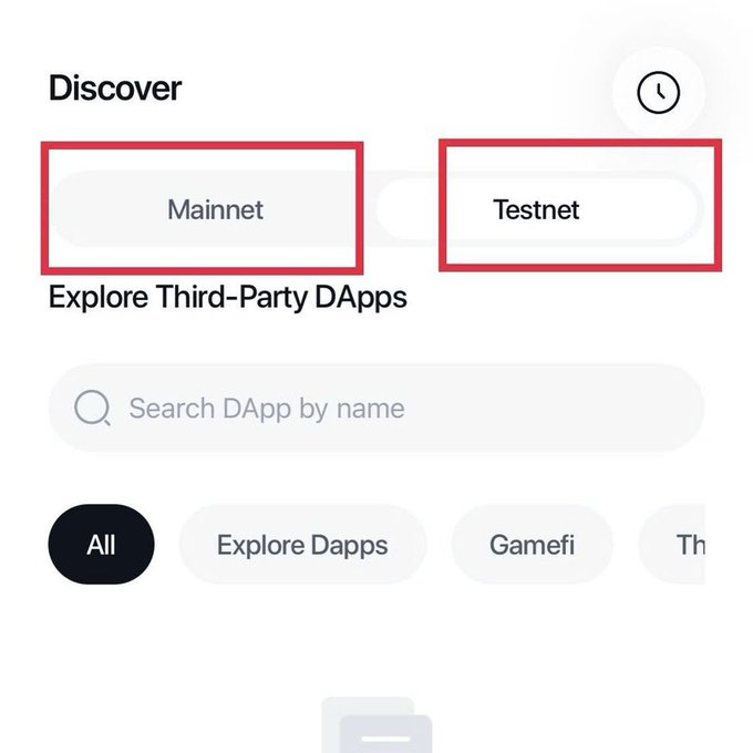 A screenshot of a 'Discover' interface with red boxes highlighting the 'Mainnet' and 'Testnet' toggle options, along with a search bar and category filters including 'All', 'Explore Dapps', and 'Gamefi'.
