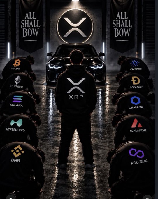 A dramatic image featuring a person wearing an 'XRP' hoodie standing in front of a car with the XRP logo, flanked by kneeling figures wearing hoodies with logos for Bitcoin, Ethereum, Solana, Hyperliquid, BNB, Cardano, Dogecoin, Chainlink, Avalanche, and Polygon, under banners reading 'ALL SHALL BOW'.