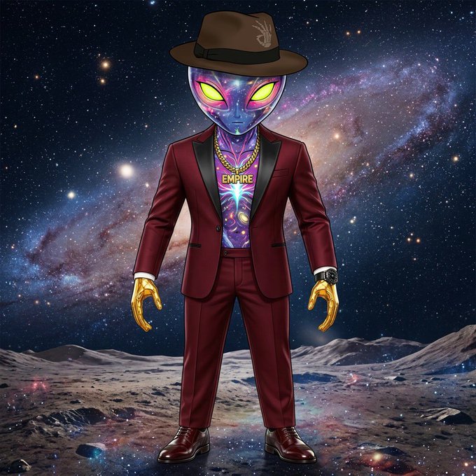 A digital artwork of an alien character wearing a maroon suit, gold chain, fedora, and golden gloves, standing on an alien landscape with a galaxy background and 'EMPIRE' written on its chest.