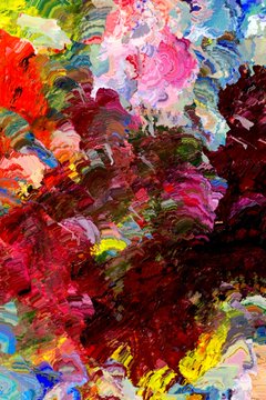 An abstract oil painting with thick brushstrokes in vibrant reds, pinks, greens, yellows, and blues.