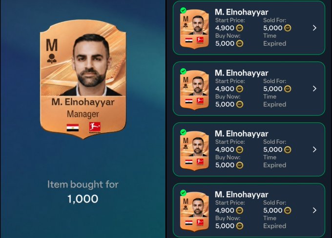 The image displays a FIFA Ultimate Team card of Manager "M. Elnohayyar" with an Egyptian flag and Bundesliga logo, bought for 1,000 coins, alongside multiple expired purchase listings showing the same item at 5,000 coins each. This relates to the investment giveaway, illustrating how lower-budget purchases (like the 1,000 coin buy) can yield profit by waiting for the listed 5,000 coin offers to expire and reselling.