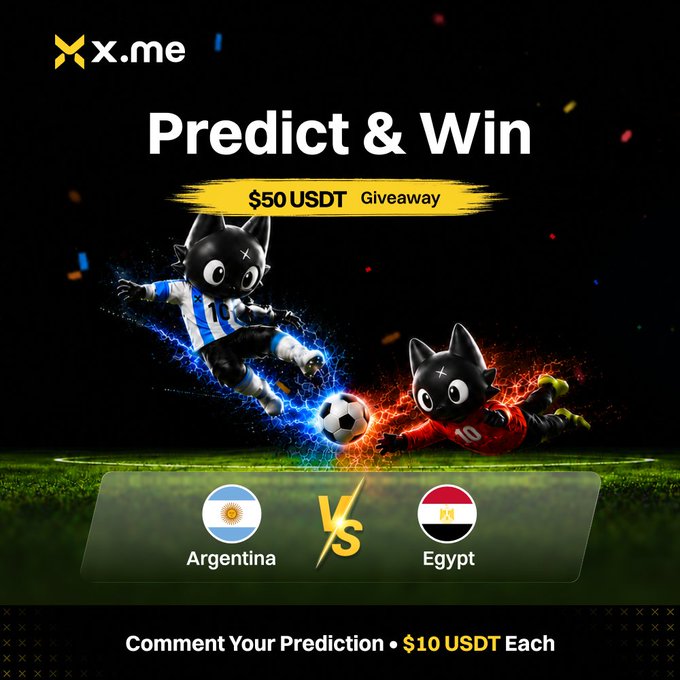 A promotional image for x.me's "Predict & Win" $50 USDT giveaway features two cartoon cat mascots—one in Argentina's blue and white jersey and one in Egypt's red jersey—competing for a soccer ball, with circular flags of Argentina and Egypt displayed below for a FIFA World Cup match prediction contest.