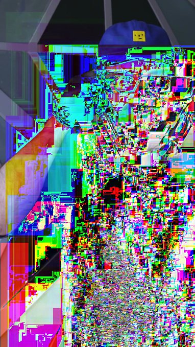 Heavily glitched and distorted image showing colorful RGB artifacts and digital noise patterns, with faint outlines of what appears to be a character wearing a blue cap.