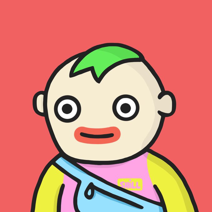 A cartoon illustration of a bald character with green hair on top, large round eyes, and a pink tongue sticking out, wearing a yellow and pink shirt with a blue strap.