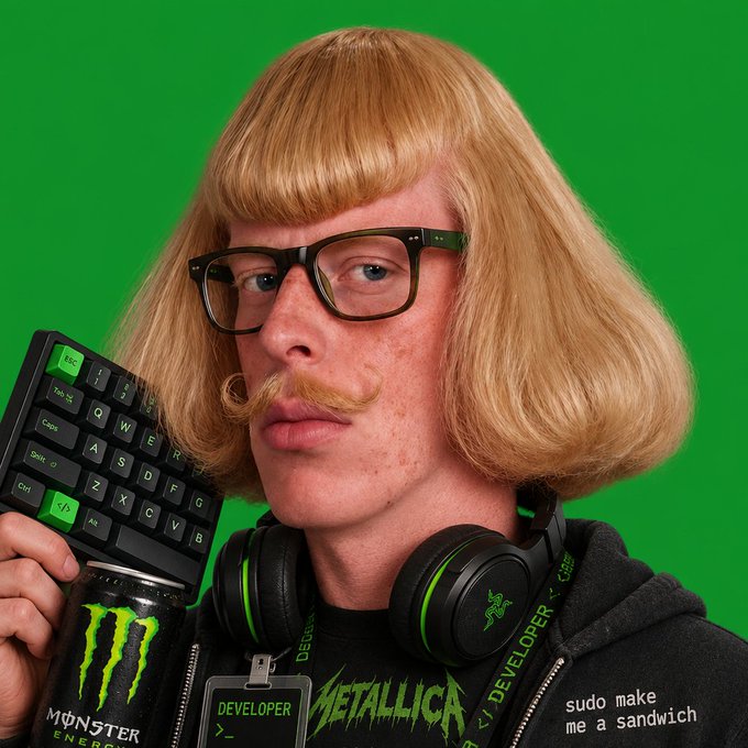 A person styled in a '90s developer aesthetic poses against a green screen, holding a keyboard and a Monster Energy can while wearing a Metallica shirt and a 'sudo make me a sandwich' t-shirt.