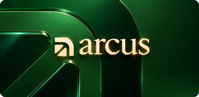 A sleek green and gold logo display for 'arcus' with a stylized 'a' symbol, set against a glossy green background.