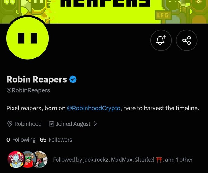 A Twitter/X profile for "Robin Reapers" (@RobinReapers), verified with 65 followers and 0 following, featuring a pixel art avatar and bio describing them as "Pixel reapers, born on @RobinhoodCrypto, here to harvest the timeline." The account is followed by jack.rockz, MadMax, Sharkel, and others, aligning with the post promoting the upcoming 10k pixel art collection on Robinhood MP at 0.5$.