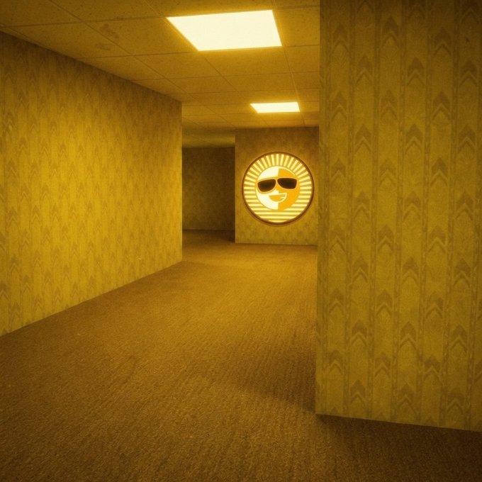 A yellow-tinted empty backroom hallway featuring retro-patterned wallpaper and a glowing emoji sign with sunglasses on a striped yellow background.