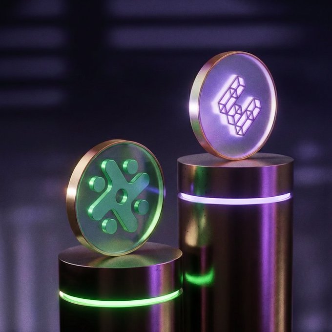 Two glowing 3D-rendered cryptocurrency tokens rest on illuminated cylindrical pedestals: a green emblem resembling the EigenLayer logo and a purple-lit Ethereum-style geometric icon, visually representing EtherFi's staking and restaking ecosystem as promoted in the accompanying insurance coverage announcement.
