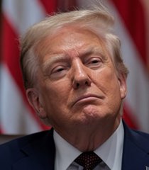 A man in a dark suit and tie appears in a close-up shot with American flags visible behind him, suggesting a political figure. The image pairs with news of the US seizing over $1 billion in Iranian cryptocurrency, highlighting the administration's enforcement actions against Iran.