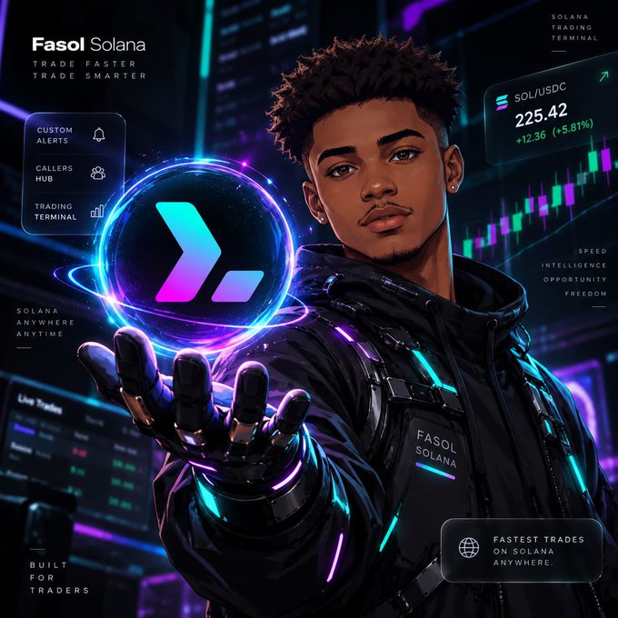 A promotional graphic for 'Fasol Solana' featuring a young man in futuristic gear holding a glowing Solana logo, with 'SOL/USDC 225.42 +12.36 (+5.81%)' and 'Trade Faster Trade Smarter' visible.