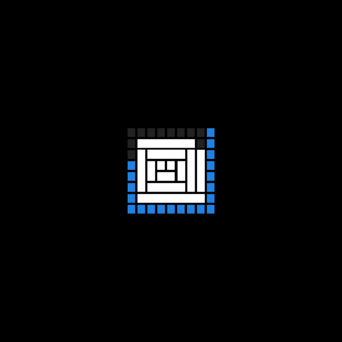 Pixelated retro-style logo or icon on a black background, featuring a white structure with blue and gray square elements.