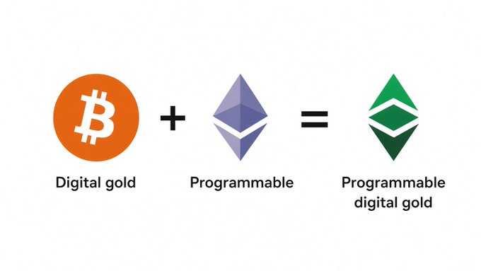 An equation showing the Bitcoin logo labeled 'Digital gold' plus the Ethereum logo labeled 'Programmable' equals a new green Ethereum-like logo labeled 'Programmable digital gold'.