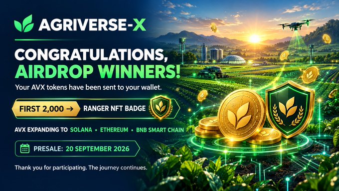 An 'AGRIVERSE-X' promotional graphic announces 'CONGRATULATIONS, AIRDROP WINNERS!' mentioning AVX tokens expanding to Solana, Ethereum, and BNB Smart Chain, with a presale date of 20 September 2026.