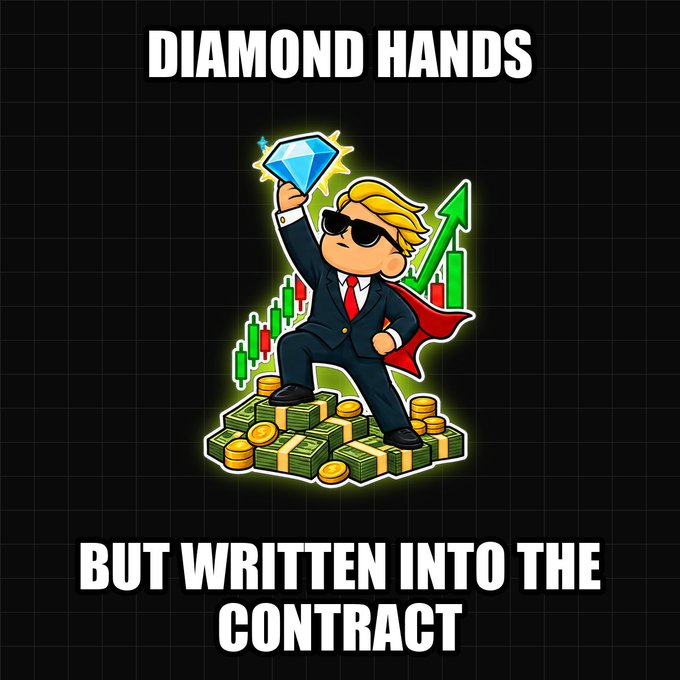 A cartoon illustration depicts a suited figure with blonde hair holding a large blue diamond, standing on stacks of money with a rising green arrow behind them, captioned "DIAMOND HANDS" at the top and "BUT WRITTEN INTO THE CONTRACT" at the bottom.
