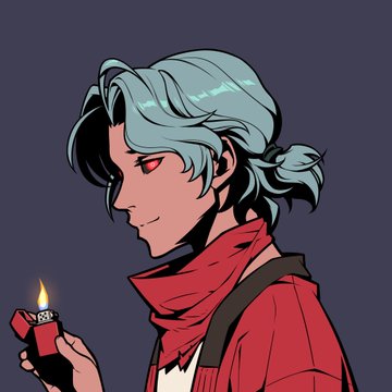 A digital illustration of a character with light blue hair, red eyes, and a red jacket holds a lit lighter against a dark purple background.