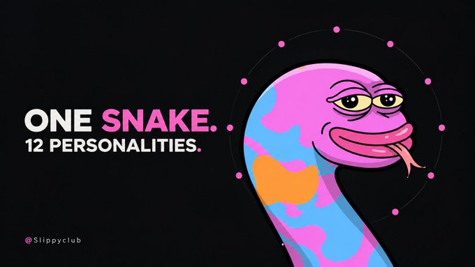 Promotional graphic for "Slippyclub" featuring a colorful, smiling cartoon snake with the text "ONE SNAKE. 12 PERSONALITIES."