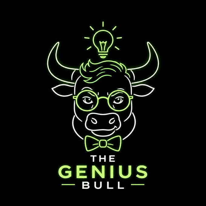 A stylized neon bull with glasses and a bow tie is illustrated with a glowing lightbulb above its head, accompanied by the text "THE GENIUS BULL," visually representing the mascot of the $GENIUS cryptocurrency being promoted in the airdrop post.