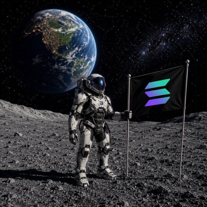 An astronaut in a white spacesuit stands on the moon holding a black flag with the purple and teal Solana logo, with Earth visible in the background.
