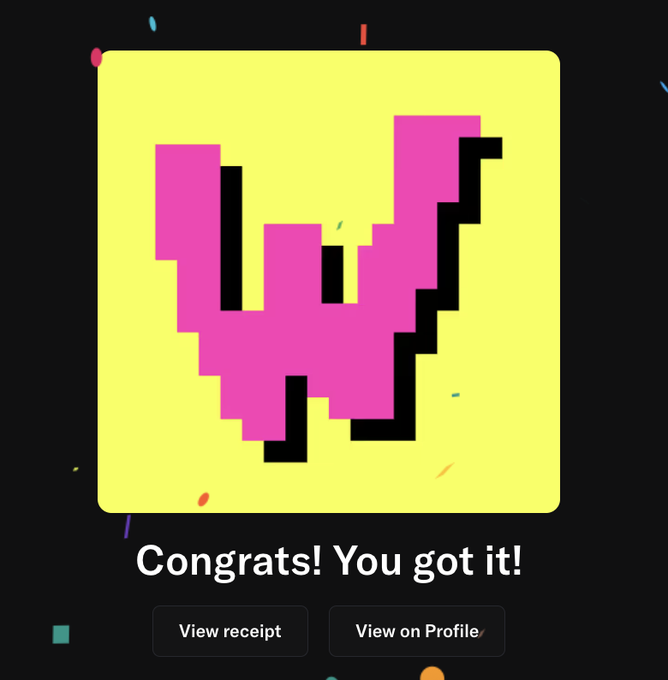 A pixel art mystery box from Wonkies is revealed, displaying a pink shape on a yellow background with the text "Congrats! You got it!" along with "View receipt" and "View on Profile" buttons, marking the successful mint of a new NFT.