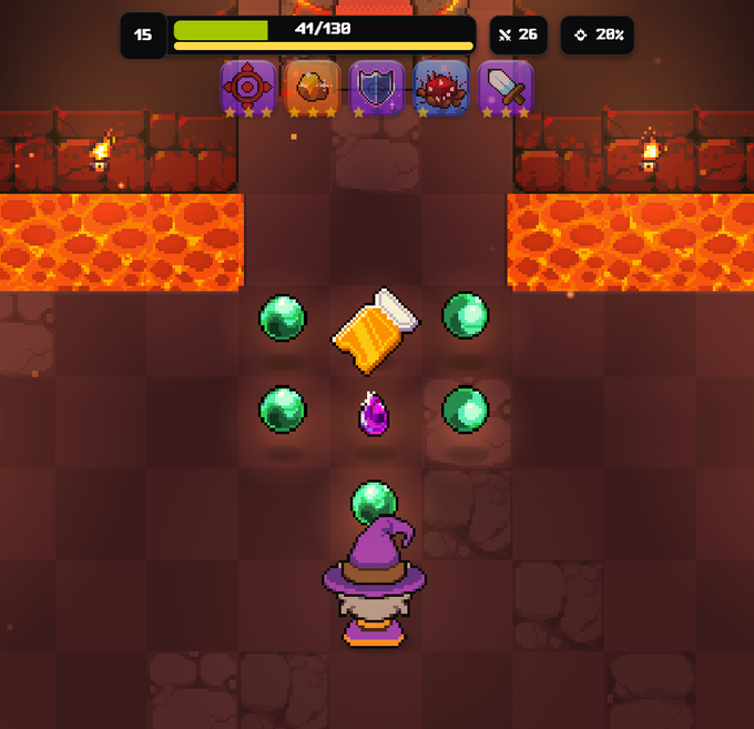 A screenshot of a pixel-art mobile game showing a wizard character in a lava-themed dungeon, with gems, a scroll, and potion items visible on a checkered floor.