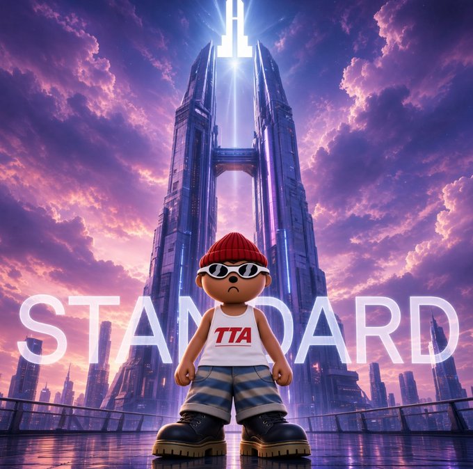 A 3D-rendered character wearing a red beanie, sunglasses, and a white tank top with 'TTA' on it stands before a towering futuristic sci-fi cityscape under a purple cloudy sky, with the word 'STANDARD' displayed across the image.
