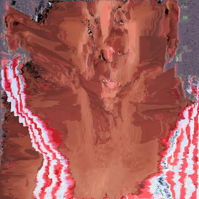 The image appears to be a heavily distorted, glitch-art style close-up of a person, rendered in warm reddish tones with white/pink streaks framing the figure. The title "_beardless (expanded)_" suggests this is an artistic exploration of a clean-shaven face, with the visual distortion and abstract treatment emphasizing the absence or transformation of facial hair in an experimental, almost fractured aesthetic.