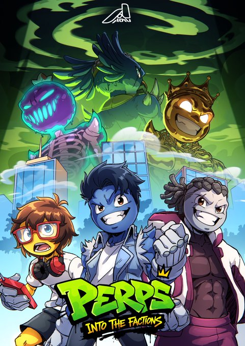 The image features a poster for a comic called "Perps: Into The Factions" that has four cartoon characters standing next to each other, with one of them holding a phone. The poster also includes text that reads "COMIC ANNOUNCEMENT GIVEAWAY PERPS: Into The Factions June 5th at 3 PM UTC 12 cover variants Secret covers Unlock exclusive PERP prizes & perks More info on Discord To enter: Follow RT Tag 3 frens Win".
