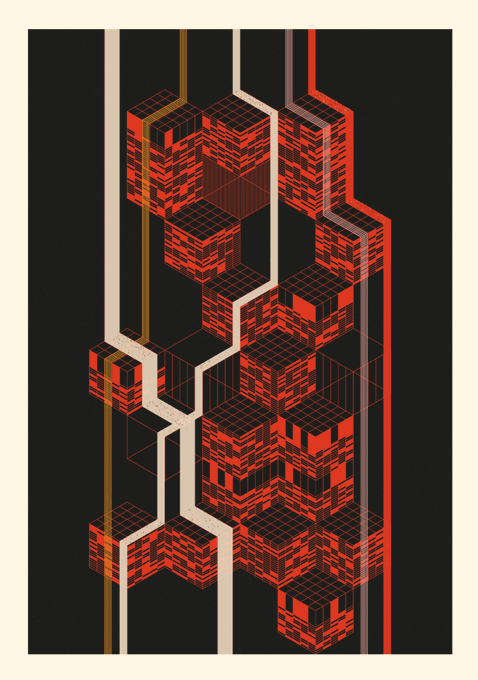 The image displays a digital artwork featuring an isometric, voxel-style structure of interconnected red and black cubes against a black background, with vertical lines traversing the composition. This piece, titled "Tesseract," exemplifies generative/NFT art shared on objkt.com, reflecting the platform's focus on blockchain-based digital art collections.