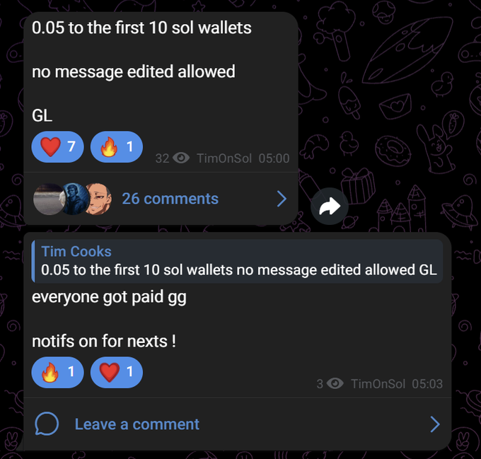 Telegram posts from TimOnSol and Tim Cooks about a 0.05 SOL giveaway to the first 10 SOL wallets, stating 'everyone got paid gg' and asking for notifications to be turned on for nexts.