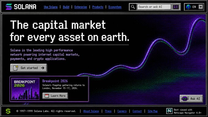 The image shows a retro 90s-style web design mockup of the Solana homepage, featuring classic elements like a navigation bar with "Use Solana | Build | Enterprise | Products | Ecosystem," a search bar, a "Get started" button, and a "Breakpoint 2026" announcement (London, November 15–17, 2026), all set against a purple wave graphic with pixelated aesthetics and a footer crediting "1997–1999 Solana Labs." It reimagines the modern Solana crypto platform as a vintage website, matching the post's playful concept of what Solana's site would look like if designed in the 1990s.